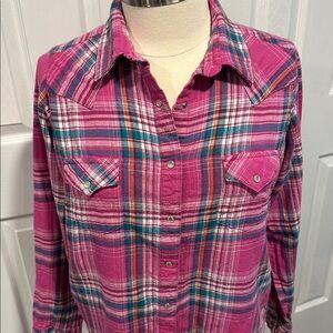 Wrangler Pink Plaid Western Wrancher Pearl Snap Button Long Sleeved Shirt XL